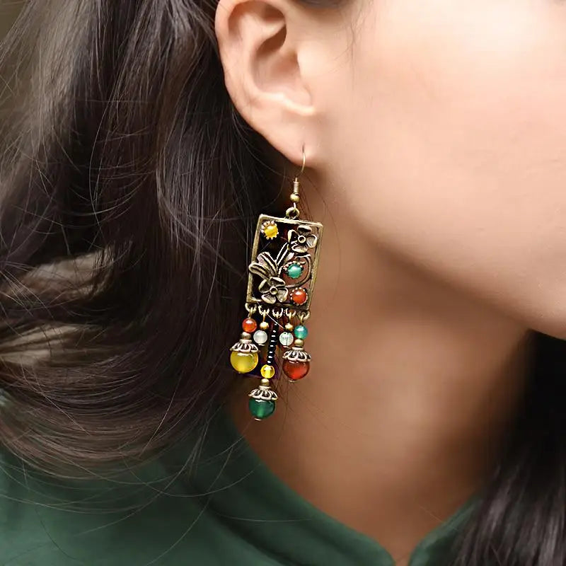 Retro Agate Stone & Copper Flower Long Drop Earrings Drop Earrings Babs