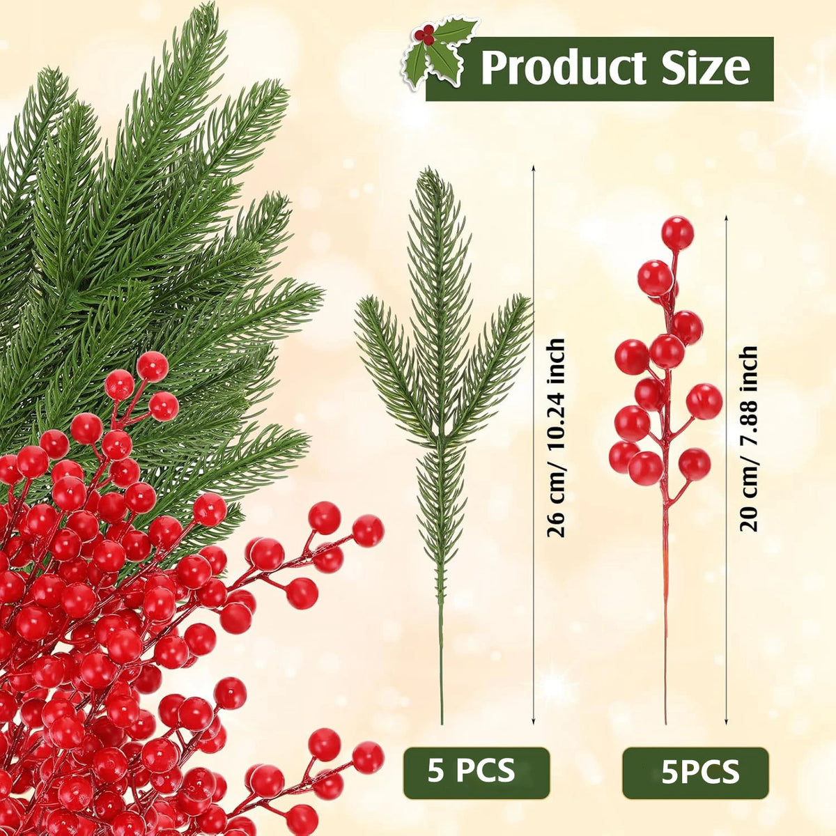 Artificial Pine Holly Berry Branch Combo – Christmas Wreath Decor Artificial Holiday Branches Babs Red 10pcs