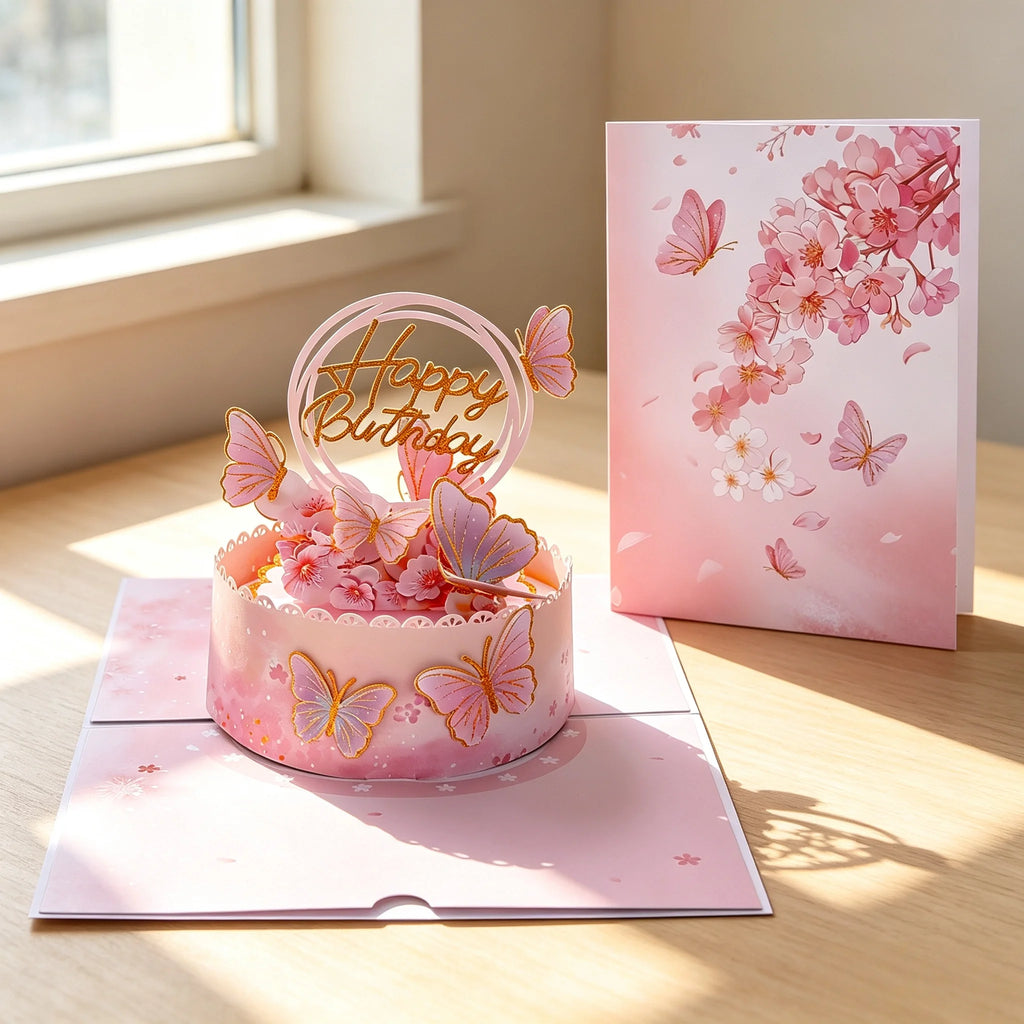 3D Pop-Up Birthday Card – Sakura & Butterfly Floral Design Pop-Up Greeting Card Babs