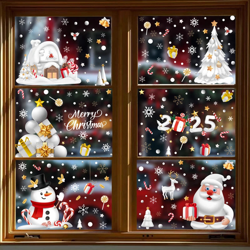 Christmas Window Stickers Santa Snowman Static Glass Decals Holiday Window Stickers Babs Set7-6Sheets