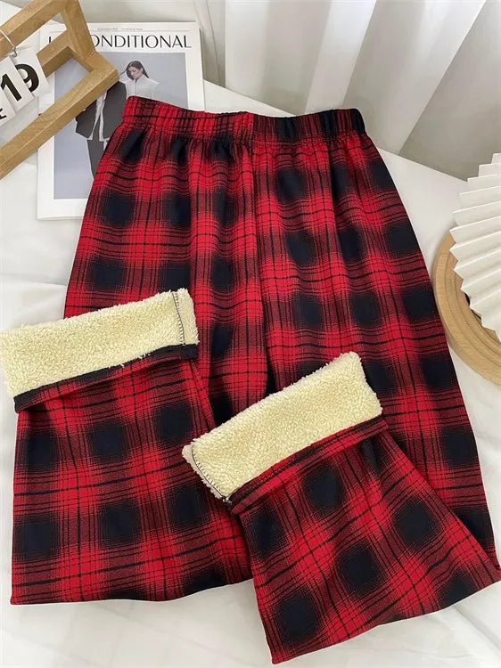 Women's Shearling Lined Plaid Flared Trousers High Waist Fleece Lined Trousers Babs Red 3Pairs