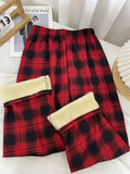 Women's Shearling Lined Plaid Flared Trousers High Waist Fleece Lined Trousers Babs Red 3Pairs