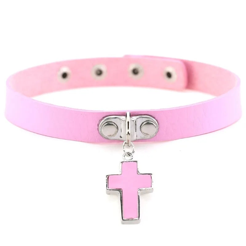 Black Cross Gothic Choker Necklace – PU Leather Punk Style Gothic Choker Necklace Babs Pink