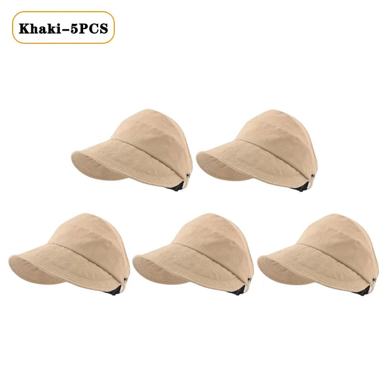 Foldable Wide Brim Ponytail Sun Hat – Adjustable Beach Cap Wide Brim Sun Hat Babs Khaki-5PCS 55-58cm
