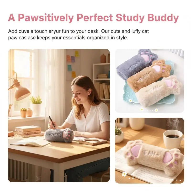HUXUAN Cat Paw Plush Pencil Case – Large Capacity Pouch Plush Pencil Case Babs
