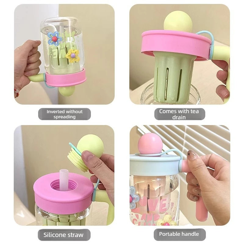 Cartoon Glass Cup with Straw & Tea Strainer | Home & Office Glass Tea Mug Babs