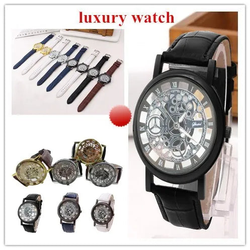 Men's Skeleton Quartz Watch | Leather Strap, Roman Numeral Dial Men's Quartz Watch Babs