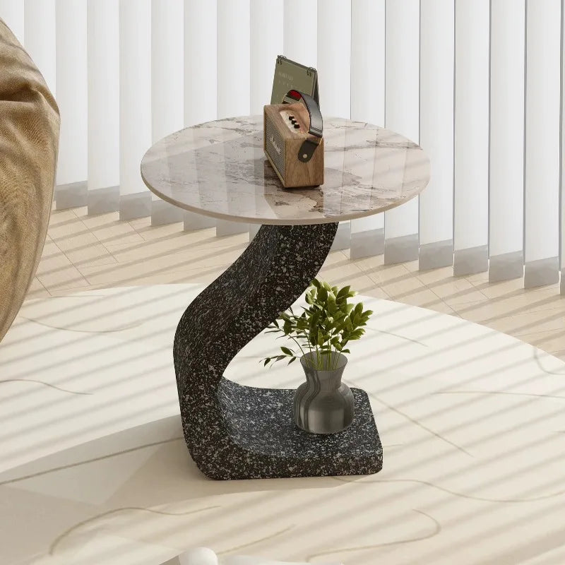 Modern Round Side Table – Rock Slab Top & Iron Frame, 50×55cm Round Side Table Babs