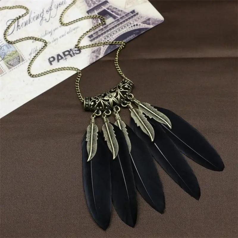 Retro Leaf & Feather Long Sweater Chain Necklace for Women Sweater Chain Necklace Babs Black