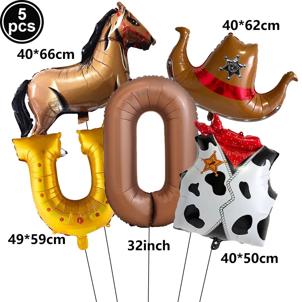 5-Pc Western Cowboy Foil Balloon Set | Rodeo Birthday Party Decor Party Foil Balloons Babs Laser As pictures show