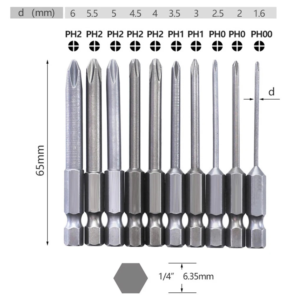 10Pcs Phillips Screwdriver Bits PH00-PH2 65mm 1/4" Hex Shank Set Screwdriver Bit Set Babs