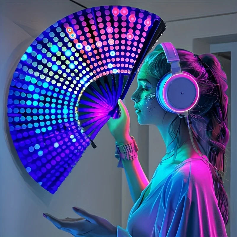 Large Carnival Folding Fan – Neon Mushroom Pattern, Unisex Decorative Folding Fan Babs