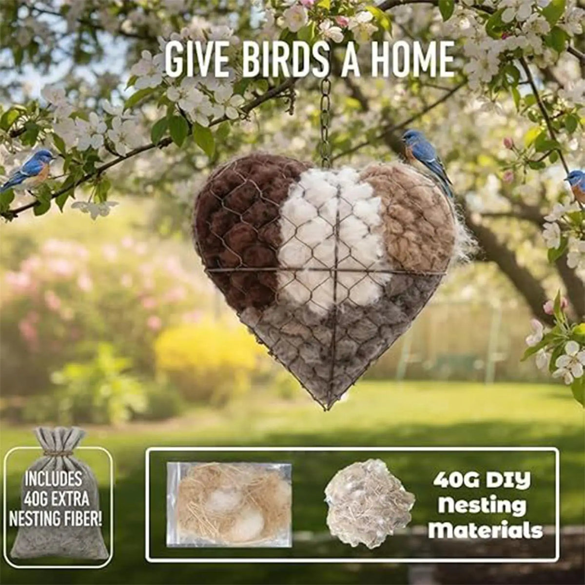 Heart-Shaped Bird Nesting Holder – Hangable Outdoor Fiber Bird Nesting Holder Babs