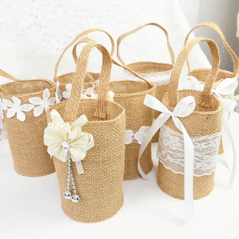 Rustic Lace Linen Flower Basket – Wedding & Party Gift Bag Decorative Flower Basket Babs