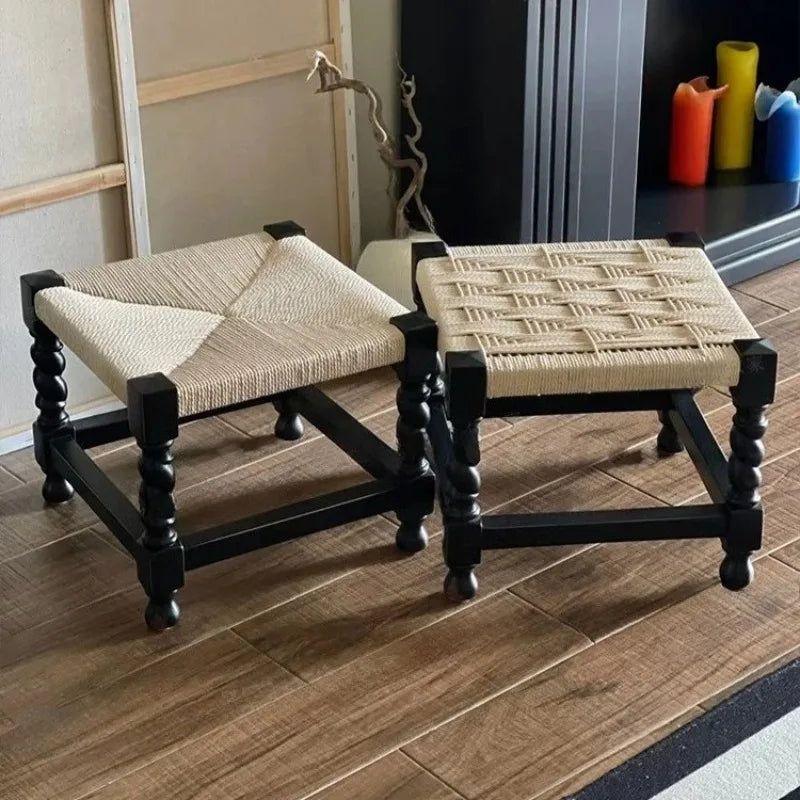 Woven Beech Wood Stool – Retro Accent Seat for Living Room Woven Accent Stool Babs
