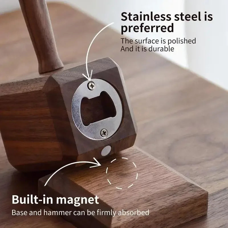 Wooden Hammer Bottle Opener with Magnetic Base | Fun Bar Gift Novelty Bottle Opener Babs