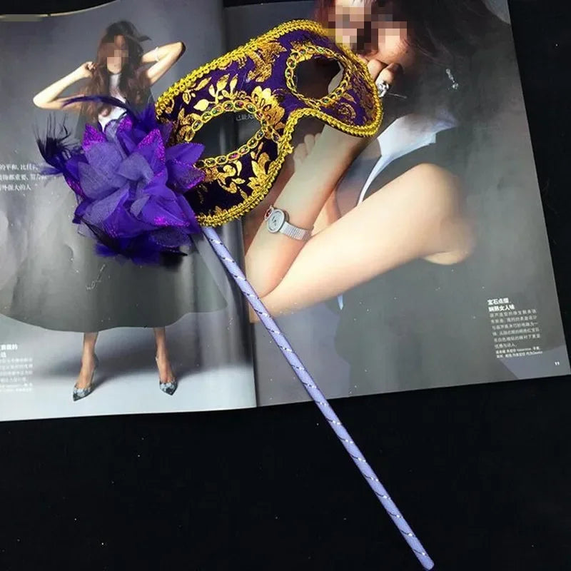 Handheld Feather Masquerade Mask on Stick – 10 Pack for Women Masquerade Mask Babs purple1