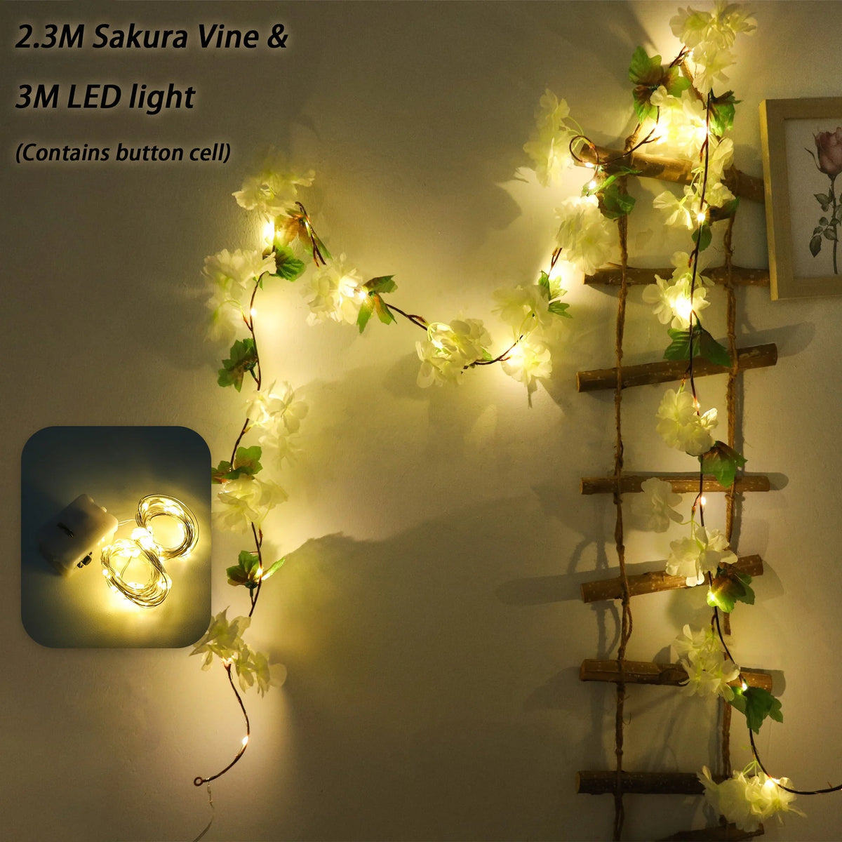 Cherry Blossom Vine LED Garland – Sakura Wedding Arch Decor Artificial Flower Garland Babs White 1PC