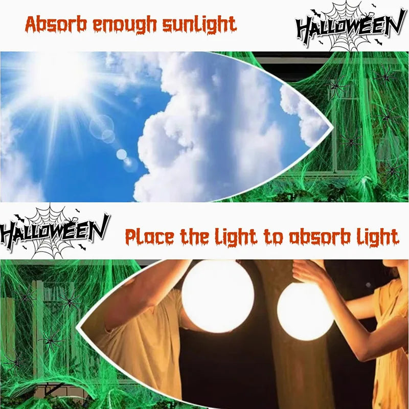 Glow in the Dark Spider Web Halloween Decoration + Fake Spiders Halloween Decoration Set Babs