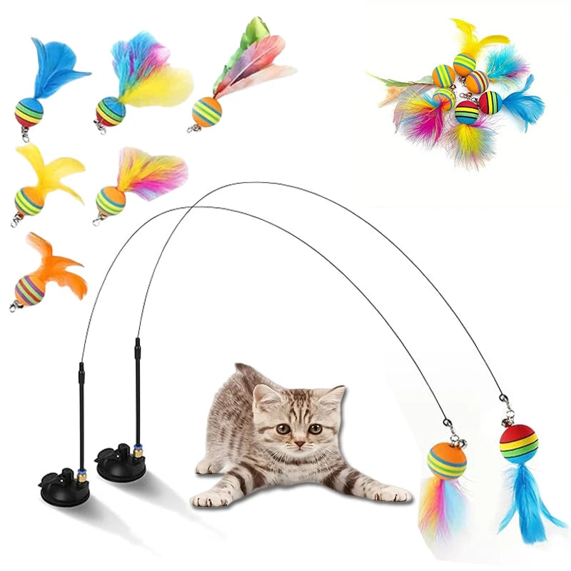 Interactive Cat Feather Wand Toy Kit – Wand, Suction Cup & Refills Cat Feather Wand Babs
