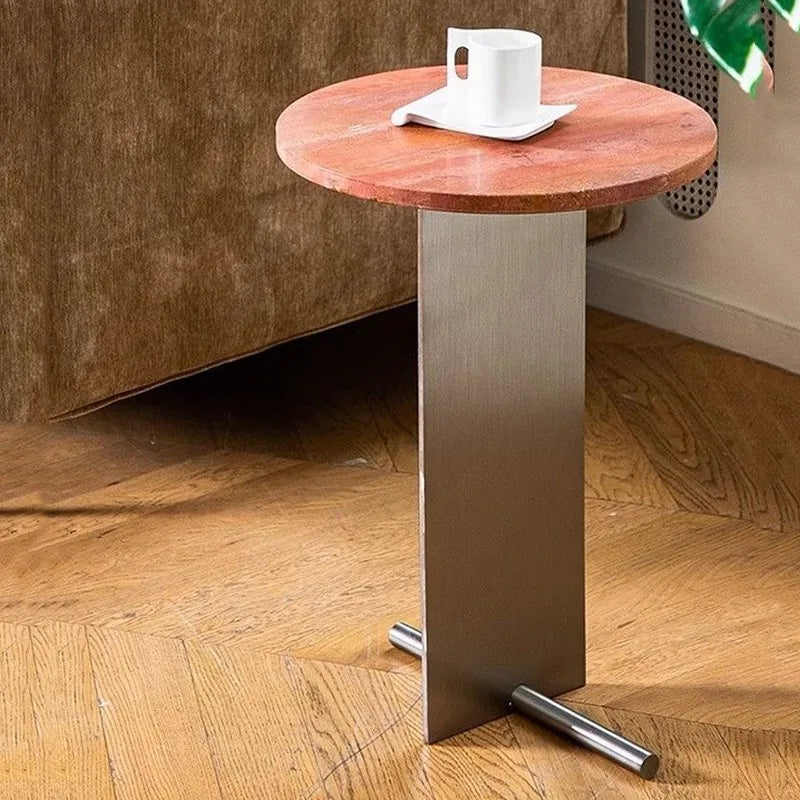 Round Travertine Stone Side Table – Modern Stainless Steel Base Stone Side Table Babs