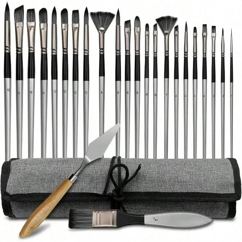 24-Piece Paint Brush Set – Acrylic, Oil & Watercolor Art Paint Brush Set Babs Silver