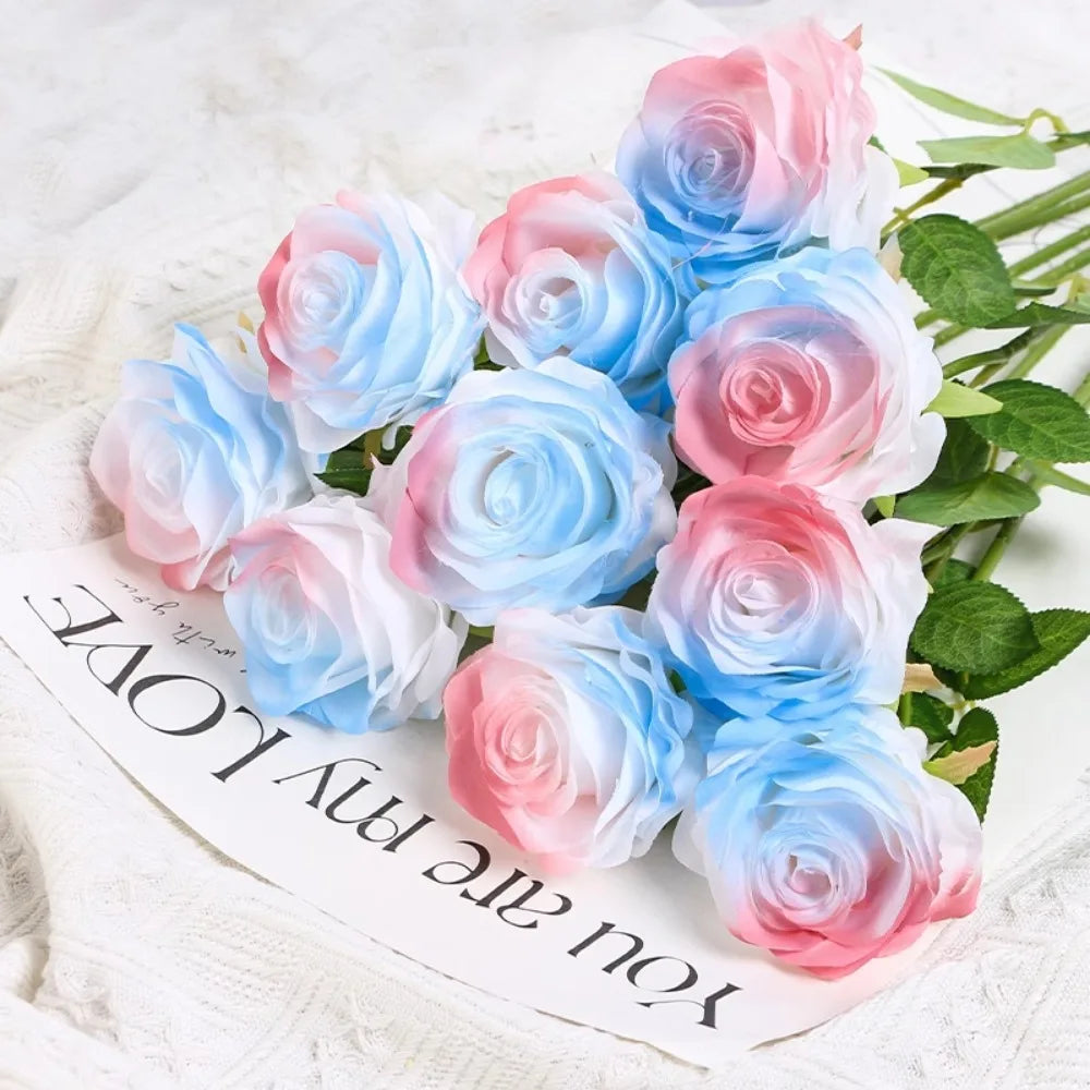 Tulip Rose Artificial Silk Flower Bouquet – 3/5 Pcs Home & Wedding Artificial Flower Bouquet Babs Blue Pink 3Pcs