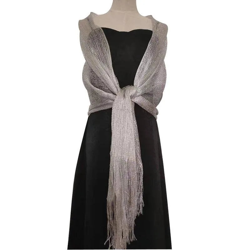 Gold Silver Tassel Shawl Scarf – Bridal & Evening Wrap Evening Wrap Shawl Babs Silver