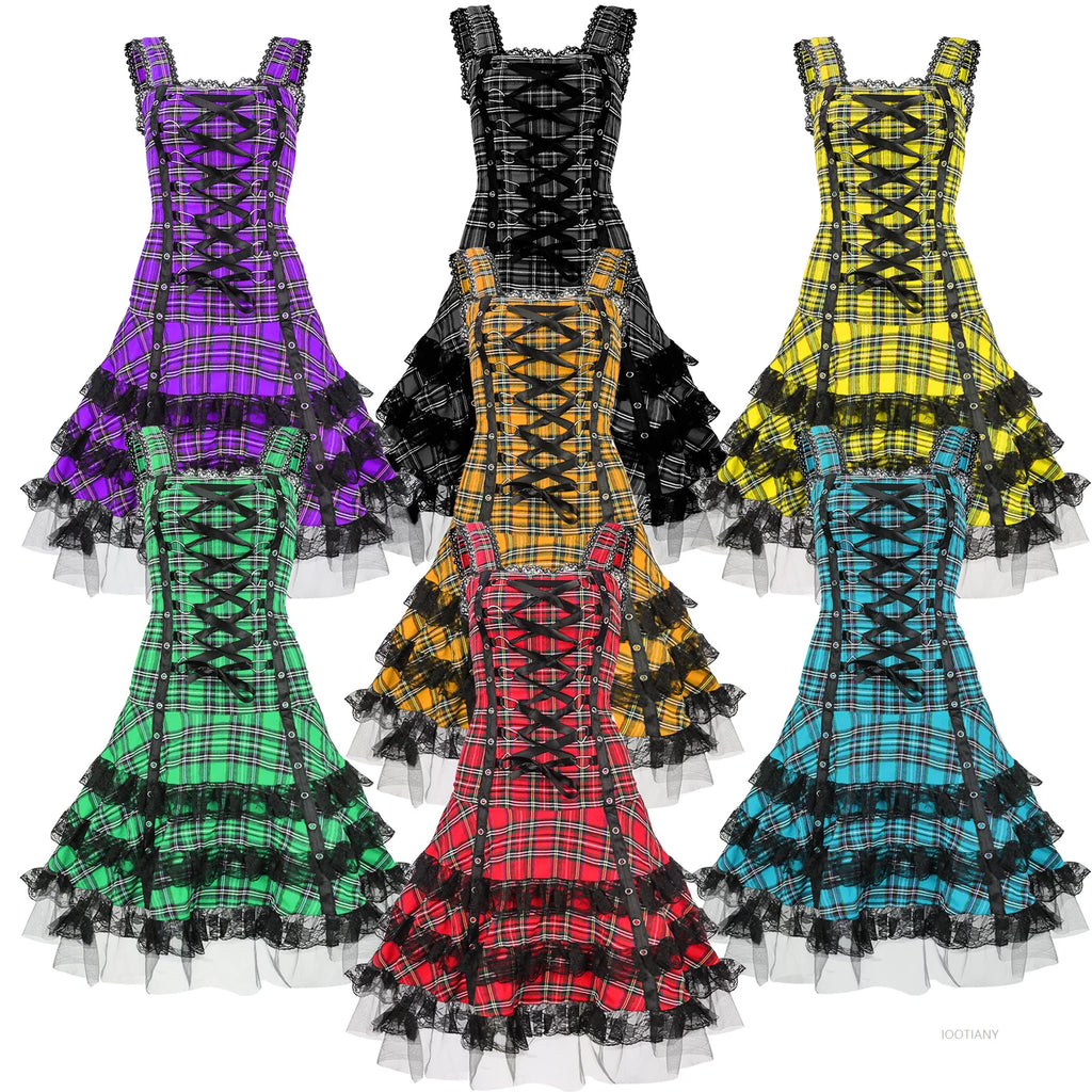 Lolita Gothic Plaid Midi Dress – Lace Ruffle Cosplay Costume Gothic Lolita Dress Babs