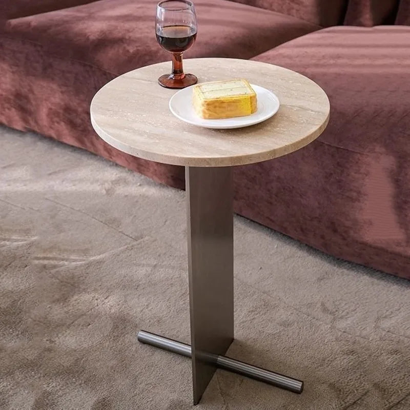 Round Travertine Stone Side Table – Modern Stainless Steel Base Stone Side Table Babs