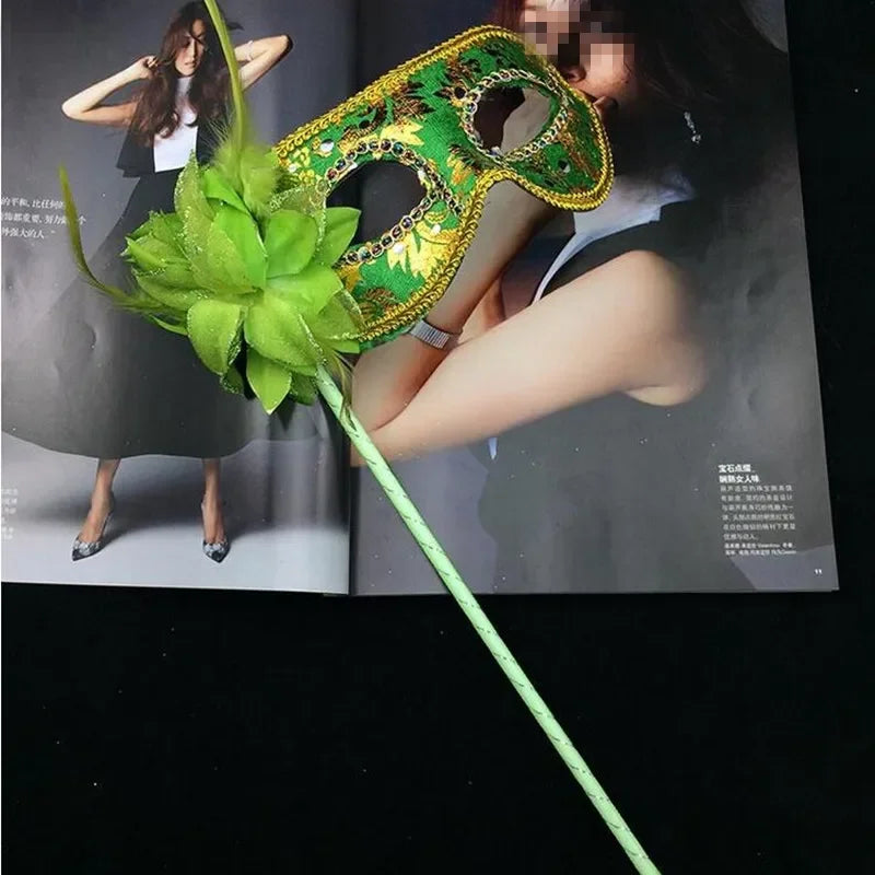 Handheld Feather Masquerade Mask on Stick – 10 Pack for Women Masquerade Mask Babs green1