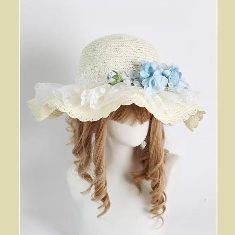 Lolita Straw Sun Hat Lace Ruffle Hydrangea Floral Beach Visor Straw Sun Hat Babs