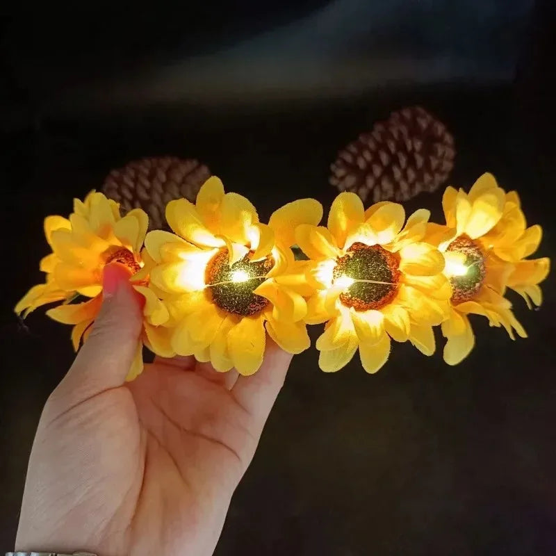 10pcs LED Floral Crown Headbands – Sunflower Wreath Party Set Floral Crown Headband Babs