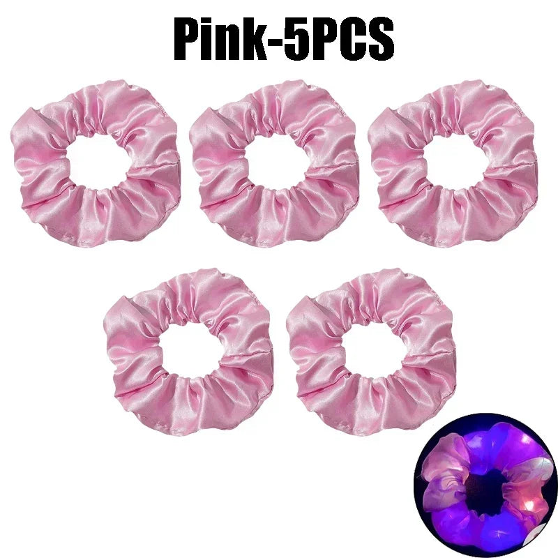 LED Light-Up Scrunchies – Satin Elastic Hair Bands for Parties LED Hair Scrunchies Babs Pink-5PCS