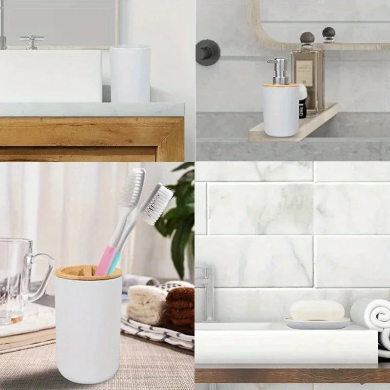 4-Piece Bamboo Bathroom Accessories Set – Dispenser, Soap Box & More Bathroom Accessory Set Babs