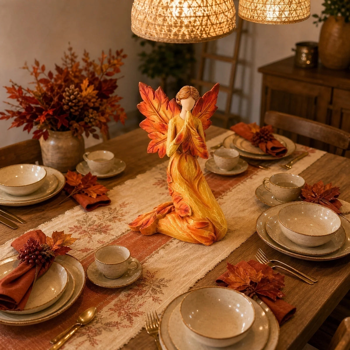 Autumn Maple Leaf Angel Figurines – 2-Piece Resin Statue Set Resin Figurine Set Babs