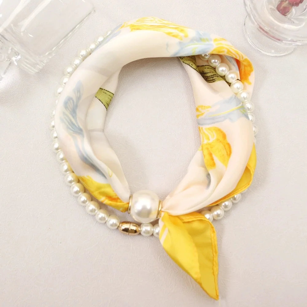Layered Scarf Necklace with Pearl Chain – Boho Bandana Style Scarf Necklace Babs Yellow