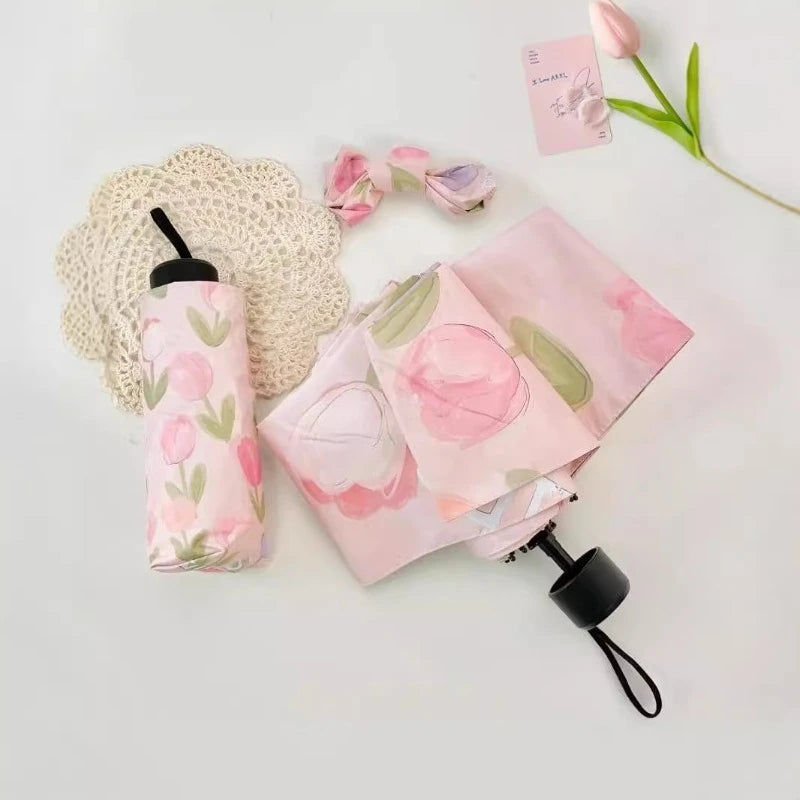 Tulip Print Auto Folding Umbrella – UPF 50+ UV Parasol Foldable UV Umbrella Babs