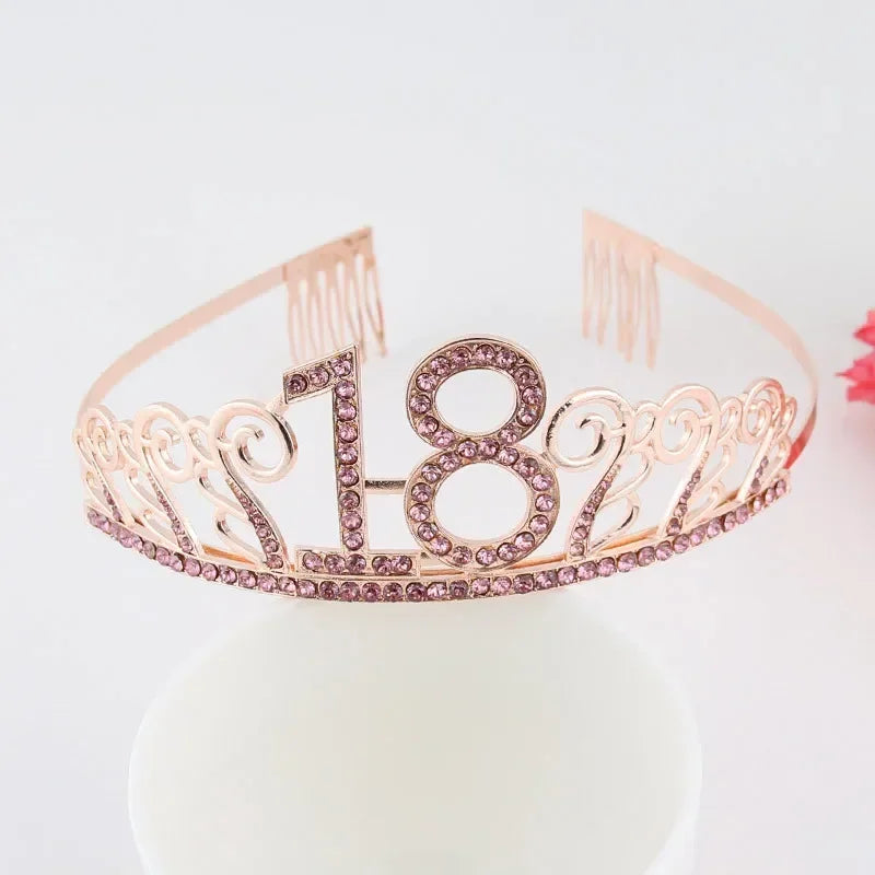 Rose Gold Satin Sash & Crystal Crown Tiara Set – Birthday Party Party Sash & Tiara Set Babs crown 18