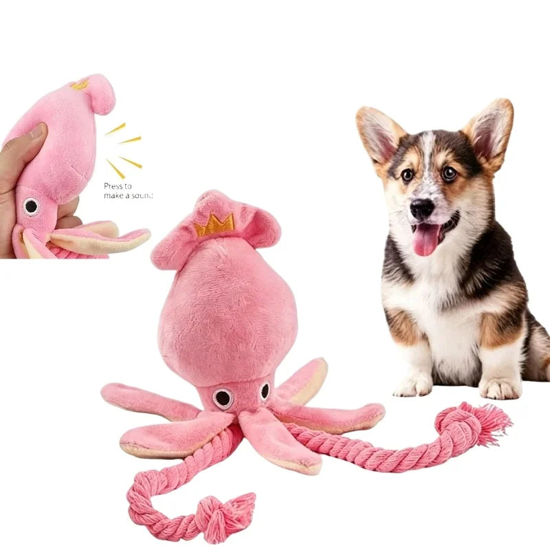 Pink Octopus Squeaky Dog Toy – Cotton Rope Chew & Tug Toy Interactive Dog Toy Babs