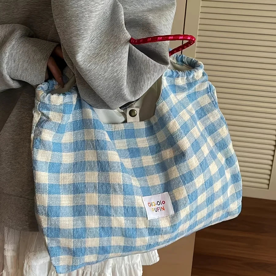 Women's Large Canvas Tote Bag – Korean Plaid Shoulder Handbag Canvas Shoulder Tote Babs