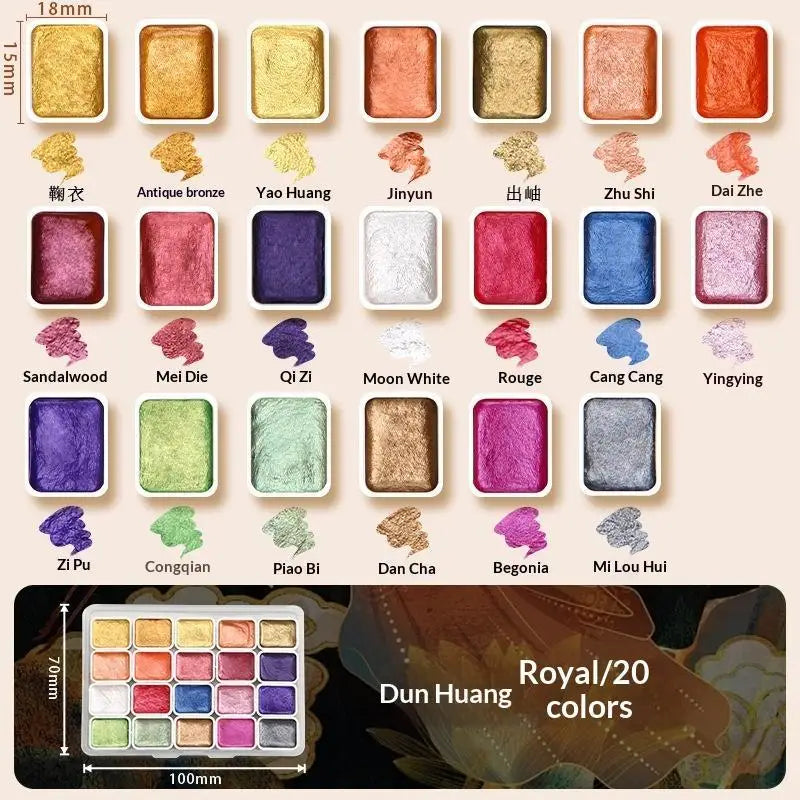 20-Color Metallic Pearlescent Solid Watercolor Paint Set Watercolor Paint Set Babs A2