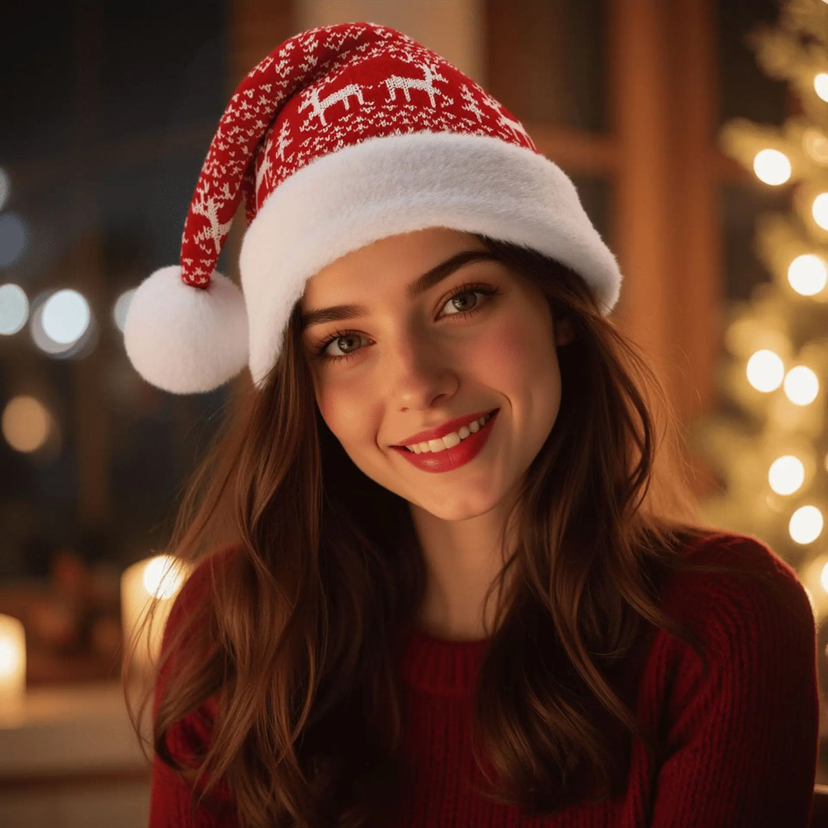 Ladies' Knitted Reindeer Christmas Hat – Cozy Winter Beanie Knitted Winter Hat Babs 24.5x45.5cm Red deer