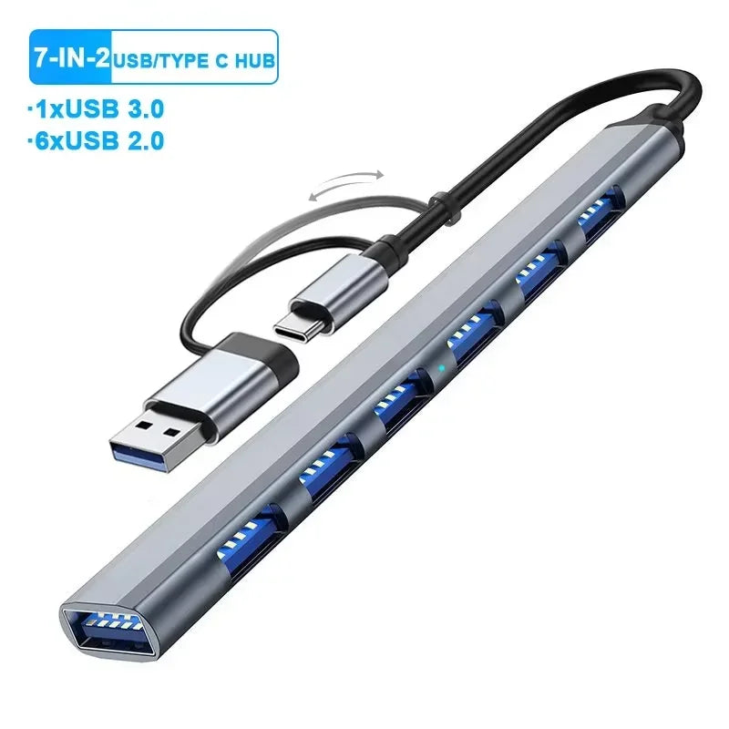 KEBIDUMEI 7-Port USB 3.0 Hub – Type-C & USB-A Splitter Adapter USB Hub Splitter Babs 7-in-2