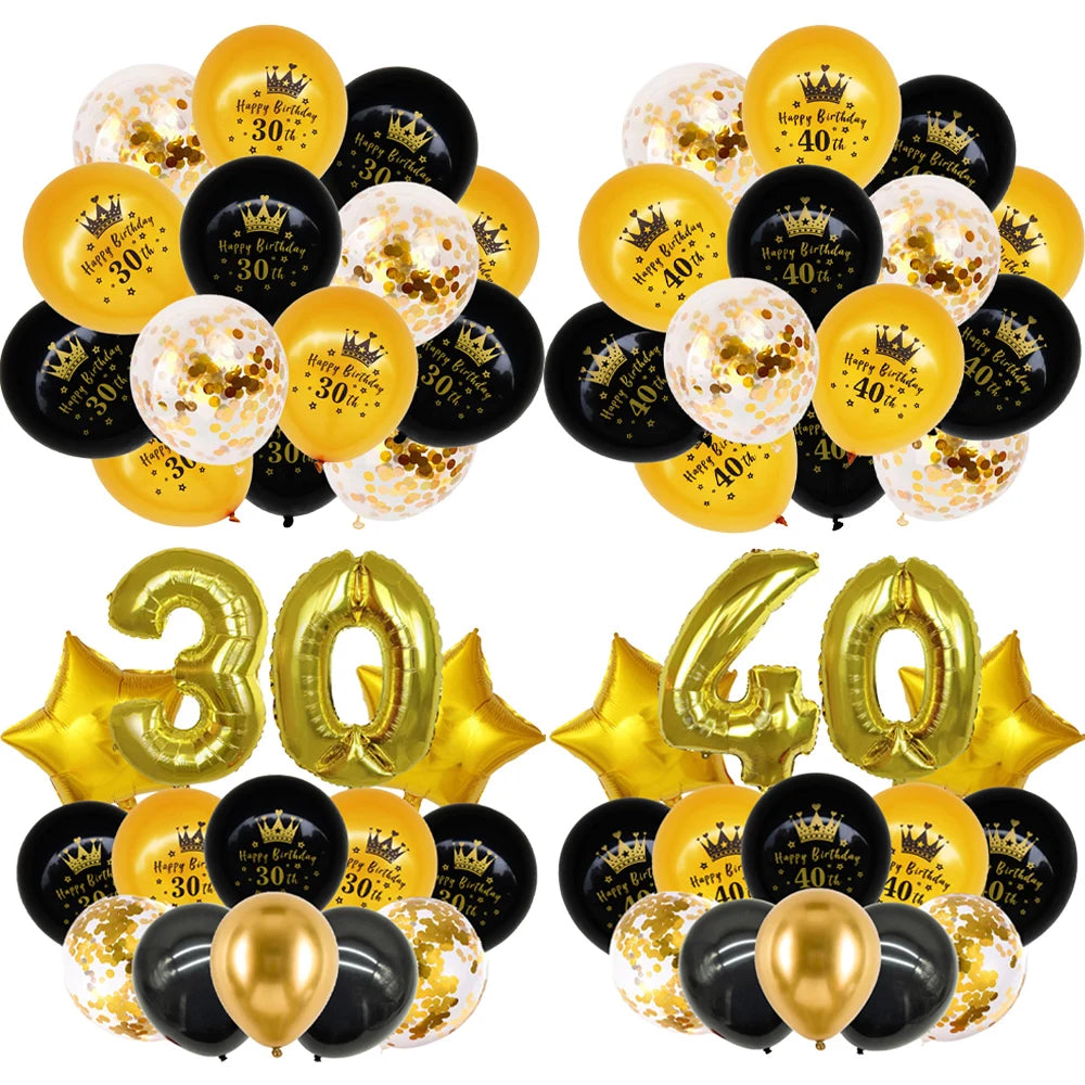 30/40th Birthday Balloon Set – Black Gold Foil & Confetti Decor Party Balloon Set Babs