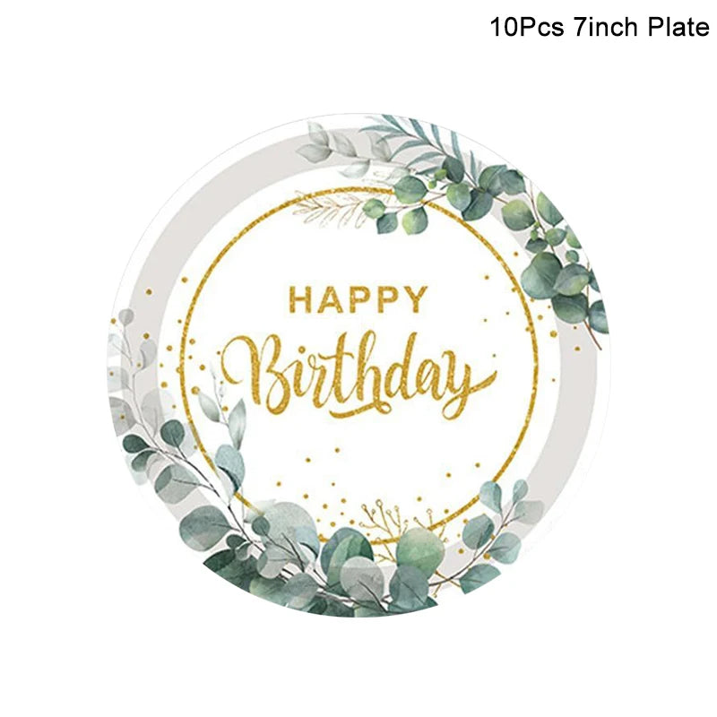 Eucalyptus Birthday Disposable Tableware Set – Plates, Cups & Napkins Disposable Party Tableware Babs 10pcs 7inch plate