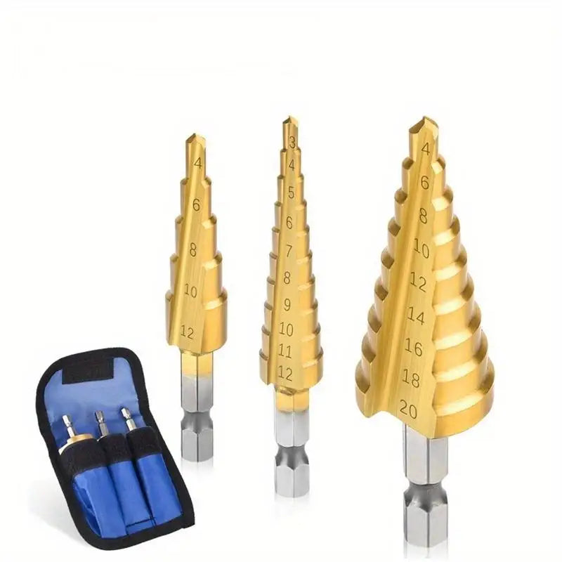 3-Pc HSS Titanium Step Drill Bit Set – 3-12mm to 4-20mm Step Drill Bit Set Babs 1set