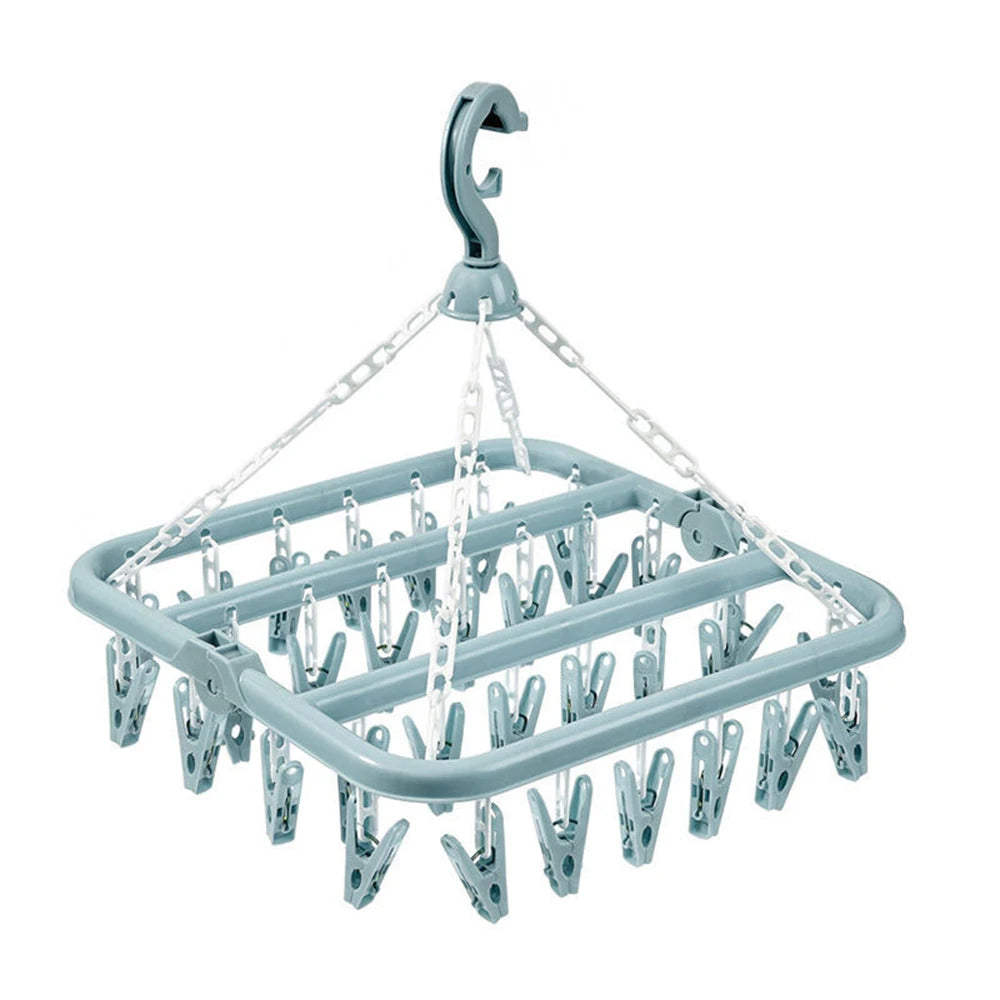 32-Clip Windproof Folding Laundry Drying Hanger | Space Saver Laundry Drying Hanger Babs Blue