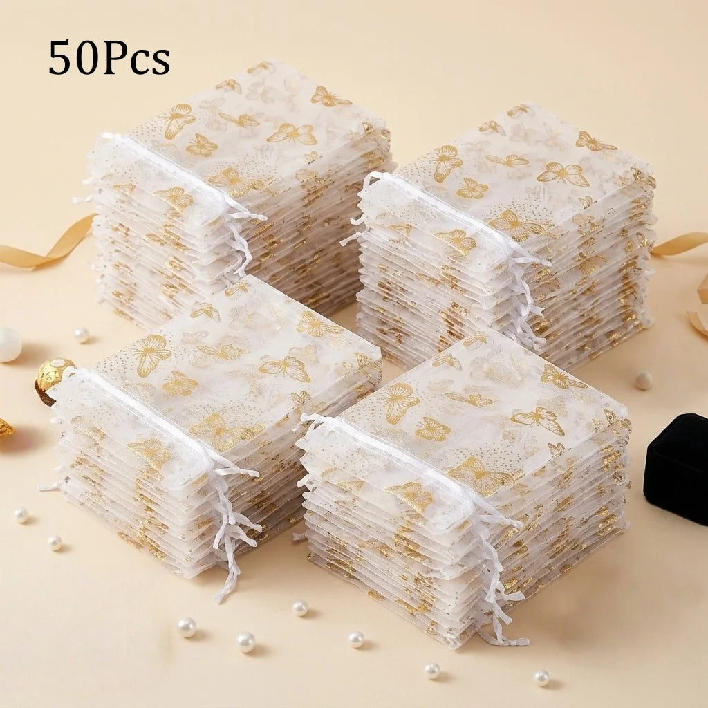 50Pcs Organza Drawstring Gift Bags – Jewelry & Party Pouches Organza Gift Bags Babs 50Pcs-White