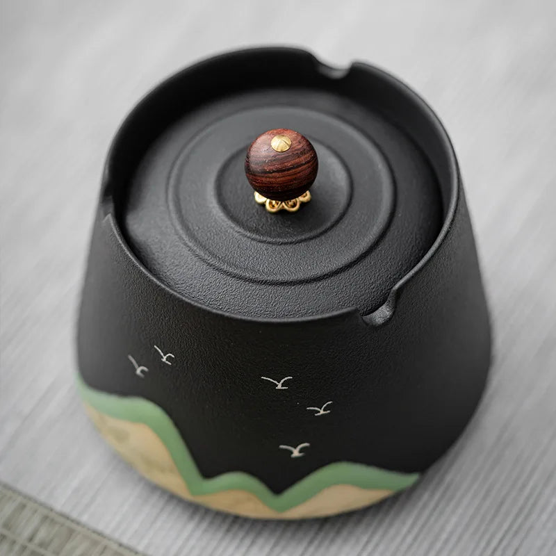 Ceramic Ashtray with Lid – Chinese Style Stoneware Home & Office Decorative Ashtray Babs